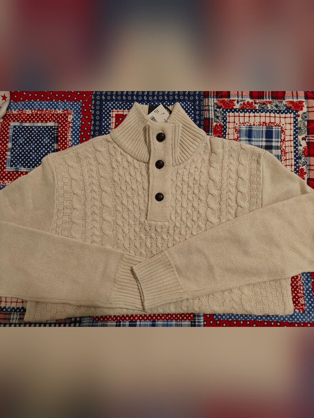 Buffalo David Bitton Men's Mock Neck 1/4 Button Cable Knit Sweater Milk S NWT